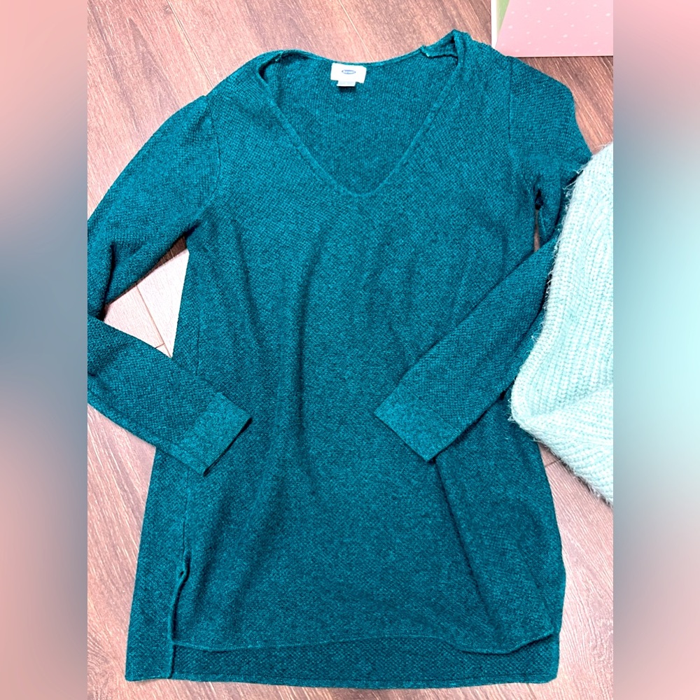 Winter green holiday sweater, long tunic, women’s size L large